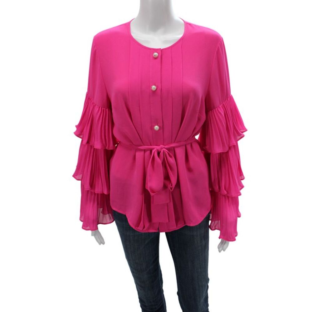 Edward Achour Women Tunic Blouse Pink Long Sleeve Round Neck Button Size S